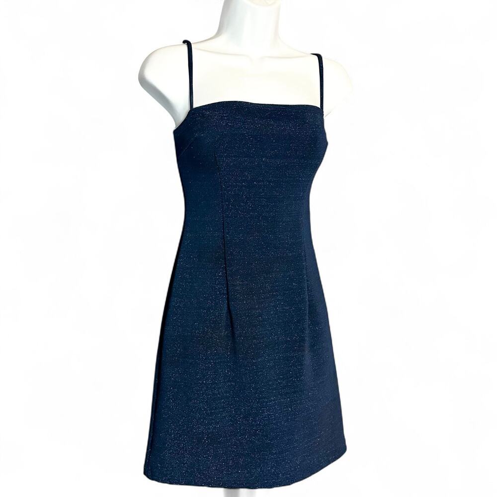 Vintage 80s XOXO Blue Glitter Mini Dress Sz 5 Spaghetti Strap Bodycon Glam Party